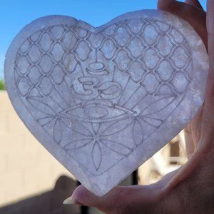 Selenite Heart Shaped Charging Plate Etched with Om Symbol approx. 4 x 5 inches